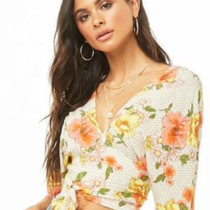 Forever 21 Floral Yellow and Orange Self Tie Top